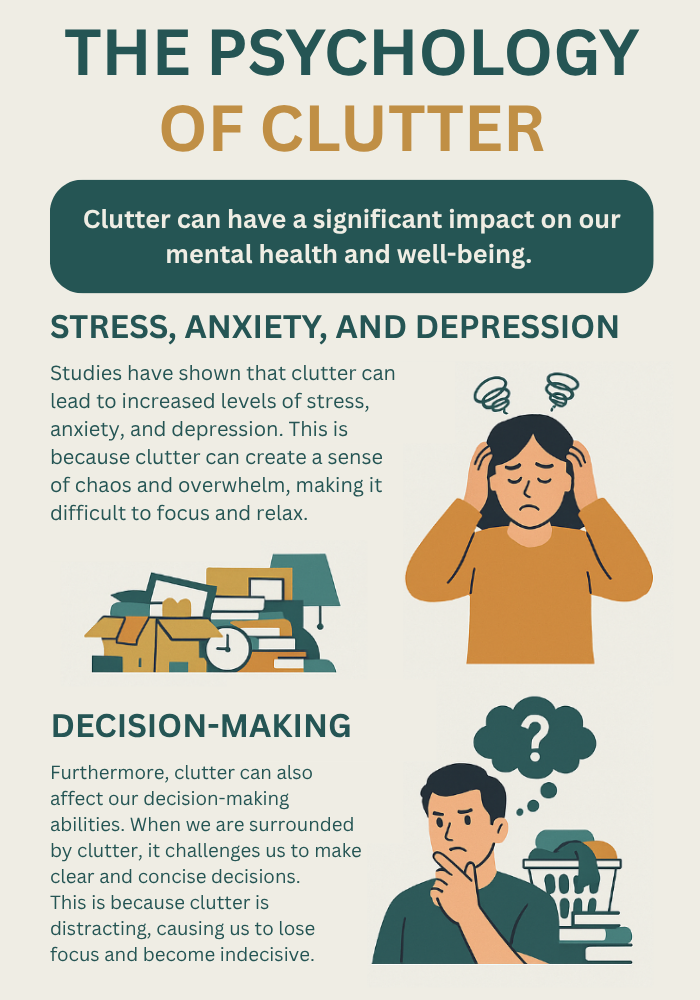 Illustrated infographic explaining how clutter impacts mental health and decision-making, with visuals of stressed individuals and messy environments.